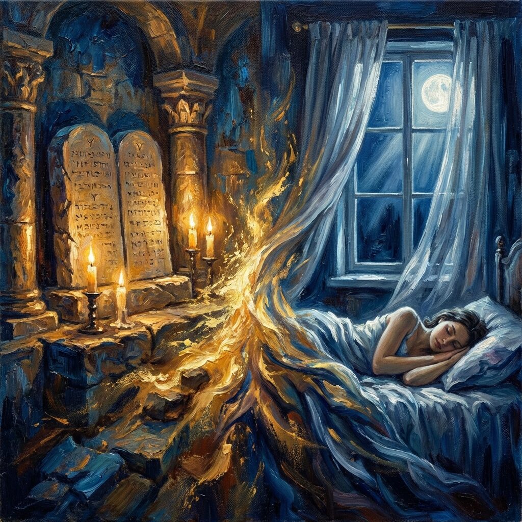 A split composition showing two worlds merging: on one side, ancient stone tablets and candlelight evoking a temple; on the other, moonlight through a bedroom window with flowing curtains, the two sides blending in the center where golden light emanates, rich oil painting style with deep blues and warm golds