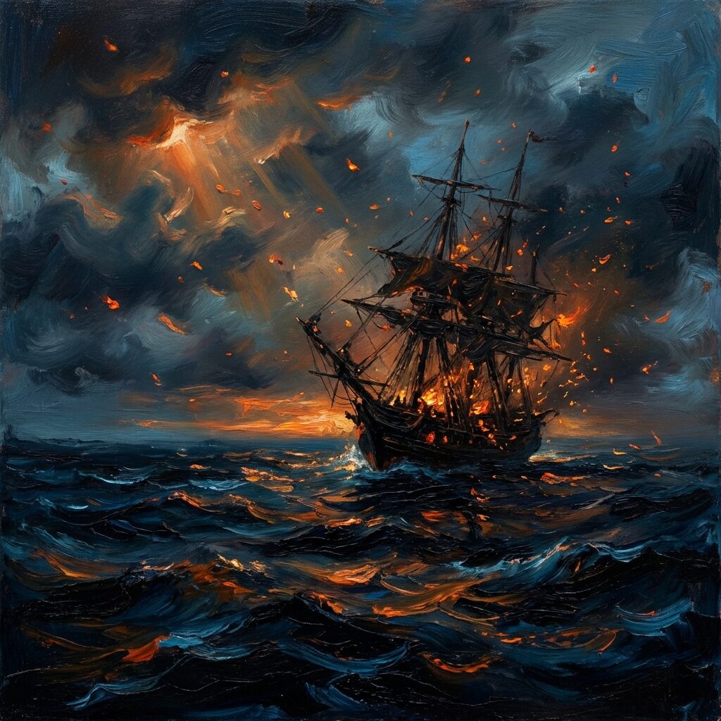 An artistic scene of a lone ship with stripped bare masts and sails sitting in a dark, turbulent ocean at dusk, dramatic storm clouds overhead with rays of firelight breaking through, the water deep and inky blue-black, embers and sparks floating in the air around the vessel, painted in a dramatic romantic style reminiscent of Turner seascapes with deep blues, blacks, and fiery oranges