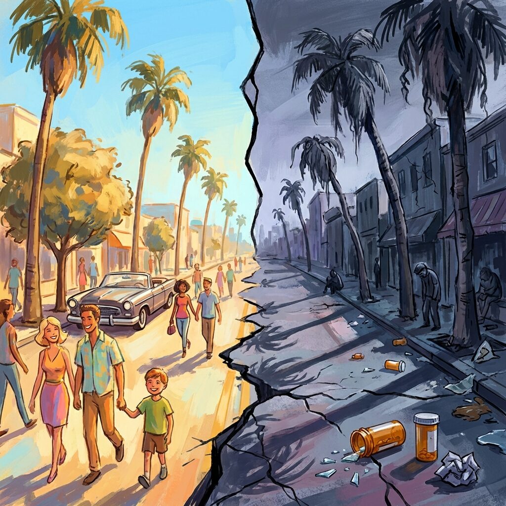 A stylized split-image composition: on the left half, a bright sunny California street scene with palm trees and golden light, people smiling, everything warm and inviting; on the right half, the same scene deteriorating into darker tones, cracked surfaces, harsh shadows, scattered pill bottles and broken glass on the ground, the palm trees wilting, the contrast between the two halves sharp and unsettling, painted in an expressive style with visible brushwork, warm golds transitioning to cold blues and greys across the divide