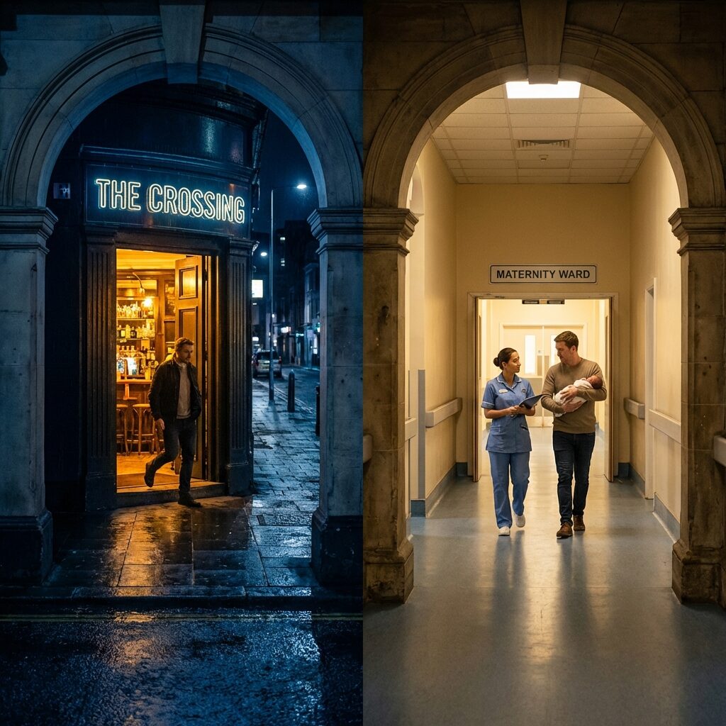 A split composition: on the left side, a warmly lit bar doorway opening to a dark city street at night; on the right side, a hospital corridor with soft light at the end, both doorways framed identically to suggest parallel meanings, the contrast between nightlife and new life, rendered in a cinematic style with dramatic lighting, the left side in cool blue tones and the right in warm golden tones, an artistic diptych composition