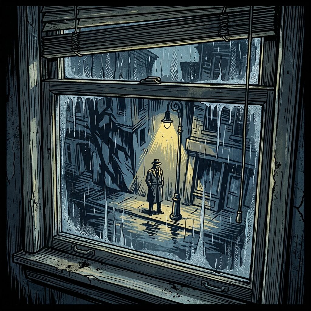A stylized noir illustration of a rain-soaked city street at night, viewed through a window. A solitary figure on the street below is illuminated by a single streetlamp, unaware of being watched. The composition emphasizes the act of observation — the frame of the window, the distance, the voyeuristic perspective. Deep blues, grays, and yellow lamplight. Expressionistic shadows.