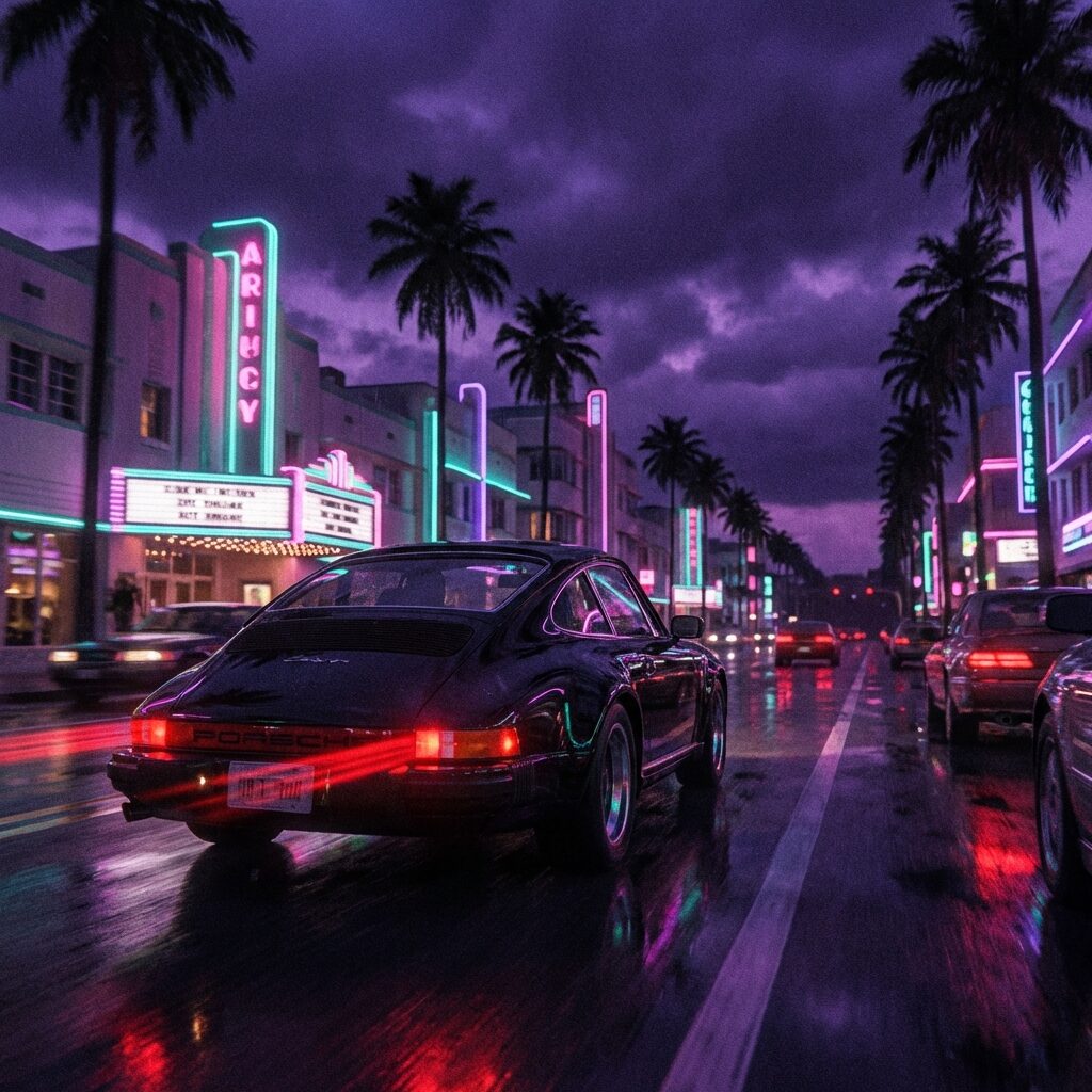 A black sports car driving through rain-slicked nighttime city streets, neon signs reflecting in pink, teal, and violet on the wet pavement. Palm trees line the road, silhouetted against a deep purple sky. The car