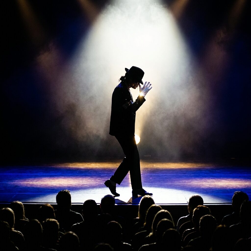 A dramatic stage silhouette of a performer mid-moonwalk, captured from a low angle, single spotlight creating a brilliant halo effect, one gloved hand catching the light with sparkling rhinestones, black fedora tilted forward, the figure appears to float backward across a dark stage, deep theatrical shadows, electric blue and gold stage lighting, audience visible as dark shapes below, square composition, no text, no real face visible