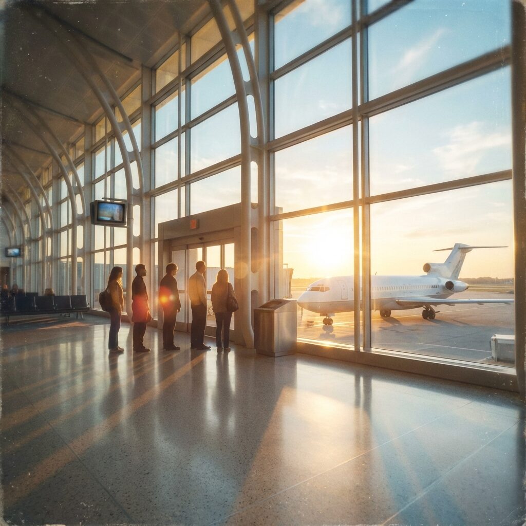 A stylized artistic rendering of an airport terminal at dusk, shot from inside looking out through large glass windows at a white Boeing 727 on the tarmac. Five silhouetted figures stand in formation near the gate, backlit by golden sunset light streaming through the windows. The terminal has late-1990s architecture. Lens flares and a slightly dreamy quality give the scene a nostalgic, cinematic feel. The color palette is warm golds, soft blues, and whites.