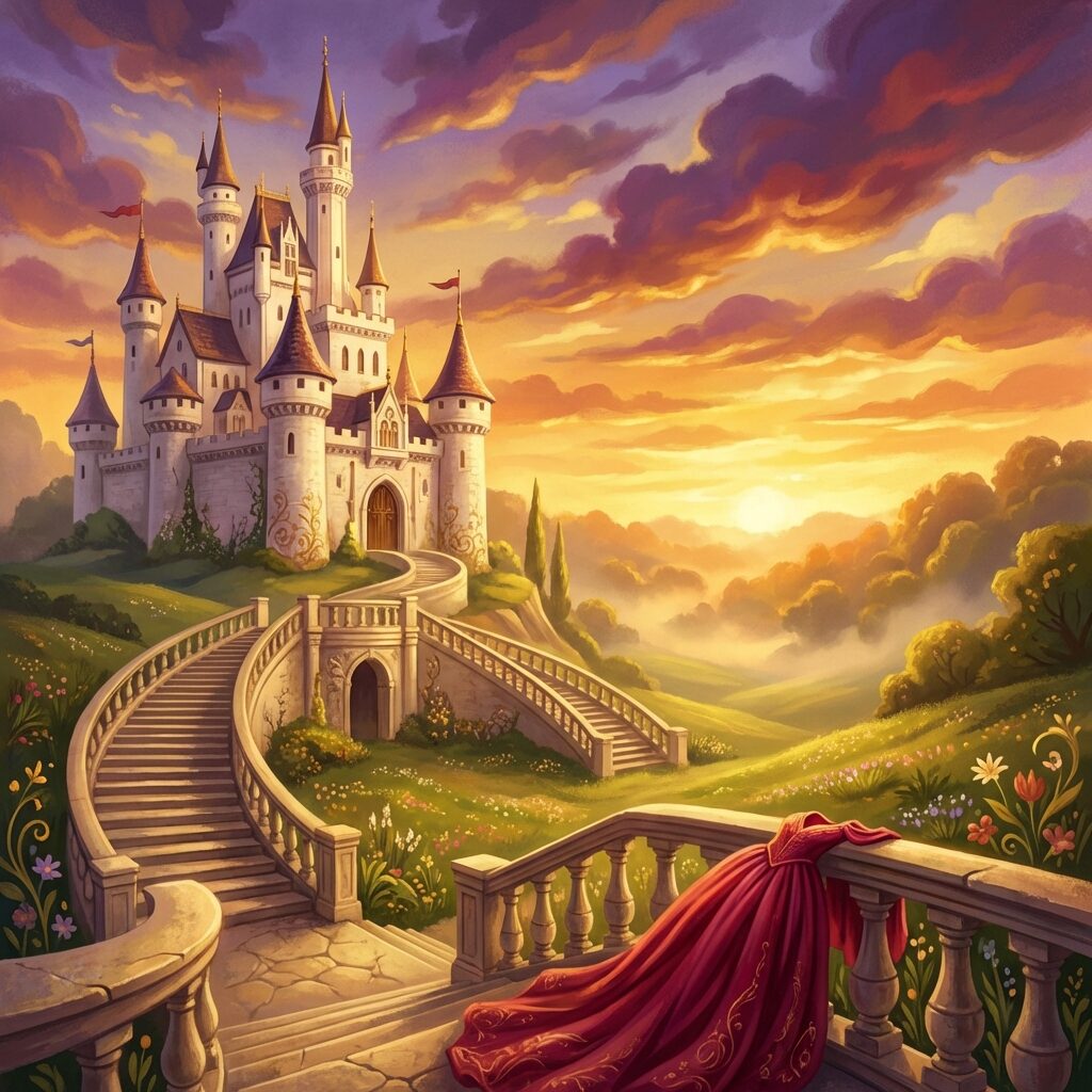 A stylized illustration of a white stone castle with cone-shaped turret roofs set against a dramatic Tennessee sunset, rolling green hills in the background, a grand double staircase leading down from the entrance, fairy-tale aesthetic with warm golden hour lighting, wildflowers in the foreground, a flowing crimson gown draped over the staircase railing, magical realism style with rich warm colors and soft atmospheric haze