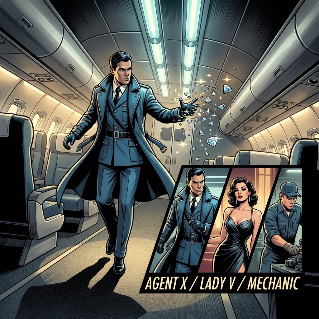 A stylized cinematic illustration of a glamorous spy scene: a figure in a sleek blue uniform moving through a retro-futuristic airplane cabin, diamonds and sparkles scattering through the air, film noir lighting with dramatic shadows, split-screen effect showing multiple disguises and identities, action-movie composition with Dutch angles