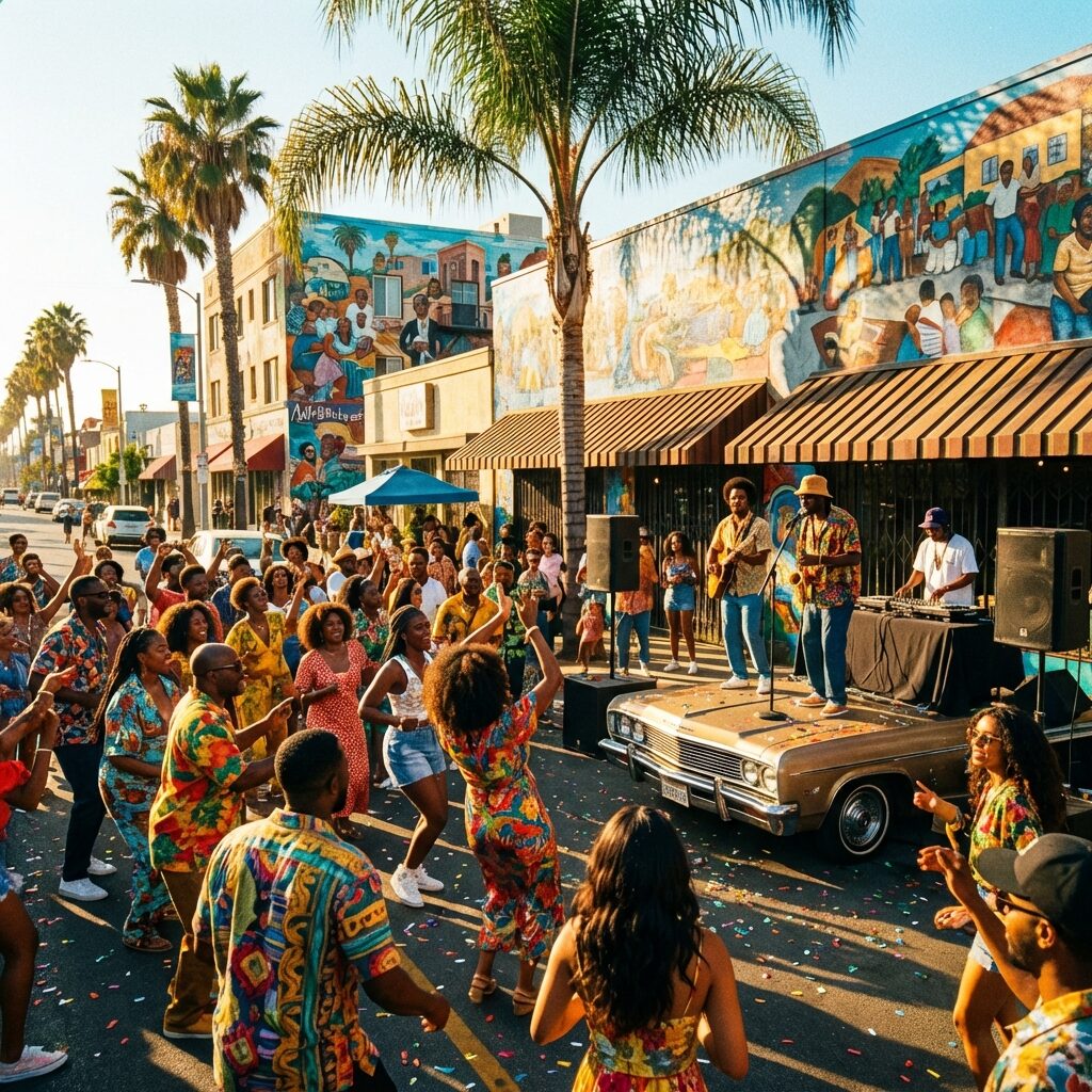 A vibrant street scene in a sunny Southern California neighborhood, shot from a low angle. A diverse crowd of people fills the street, dancing and celebrating. Murals and palm trees line the background. The mood is joyful, communal, alive with movement. A few figures stand elevated on a low stage or car hood. The color palette is warm — golden afternoon light, bright clothing, deep shadows under awnings. The style is slightly stylized, like a high-contrast photograph with saturated colors.