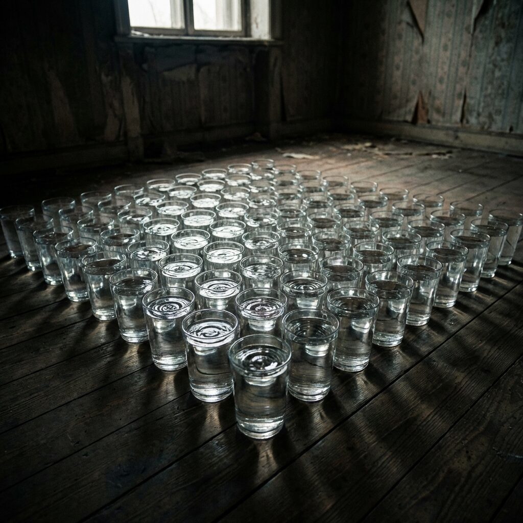 Hundreds of clear water glasses arranged in neat rows on a dark wooden floor, each glass filled to a different level, all vibrating with visible concentric ripples on the water surface, dramatic low-angle lighting casting long shadows, a dark moody abandoned room with peeling wallpaper in the background, photographed in a cinematic style with shallow depth of field and rich contrast