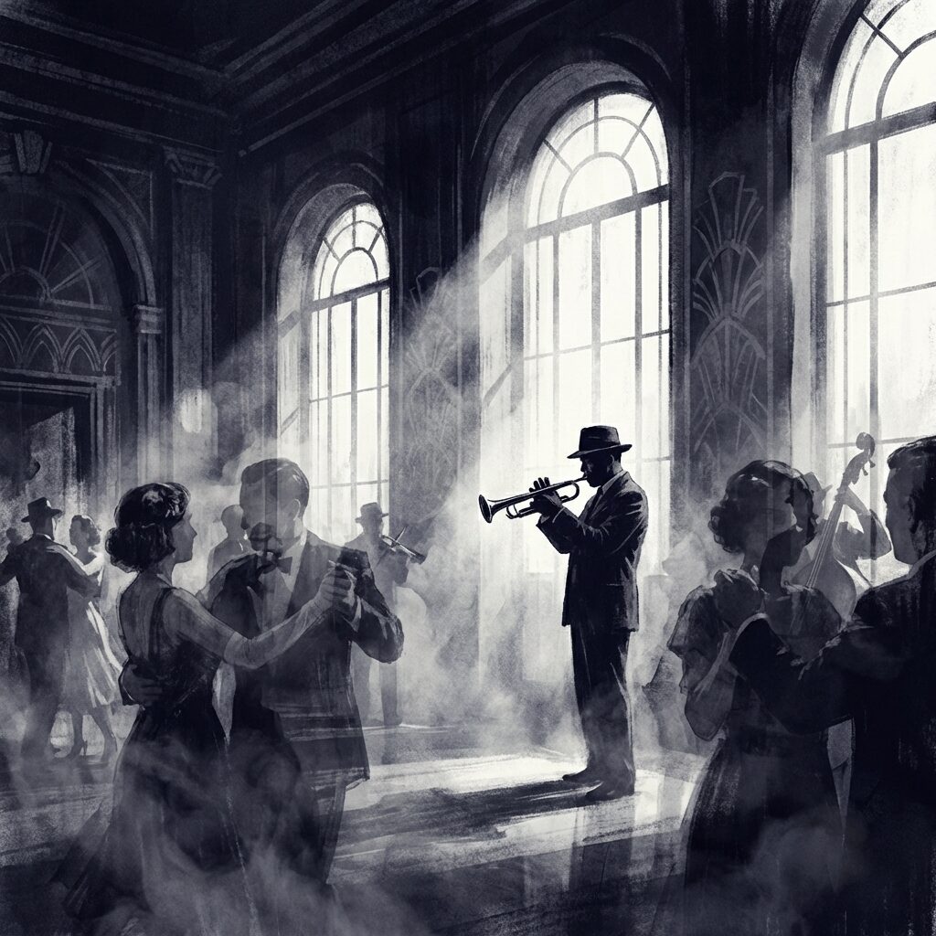 A stylized illustration evoking a 1940s jazz photography aesthetic — a darkened ballroom with tall windows, a single musician silhouetted against shafts of light, shot in deep blue-black tones with stark white highlights. The composition uses high contrast and multiple implied exposures, figures slightly ghosted. Cinematic, expressionistic, noir. The mood is simultaneously glamorous and melancholy.