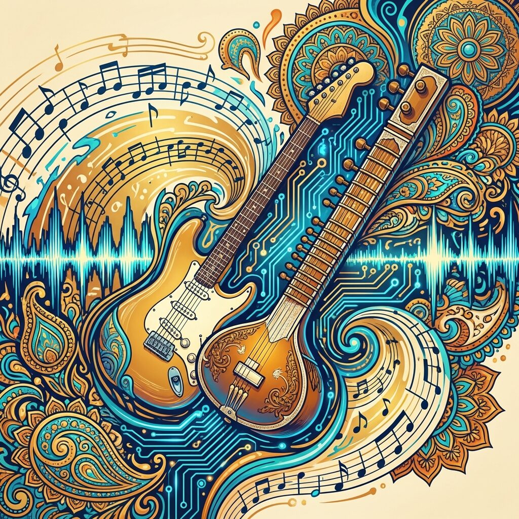 A vibrant artistic illustration of swirling musical notation and waveforms merging with ornate Bollywood-inspired decorative patterns, a surf guitar and Indian sitar intertwined with electronic circuit board elements, warm gold and electric blue color palette, abstract and dynamic composition suggesting genre fusion