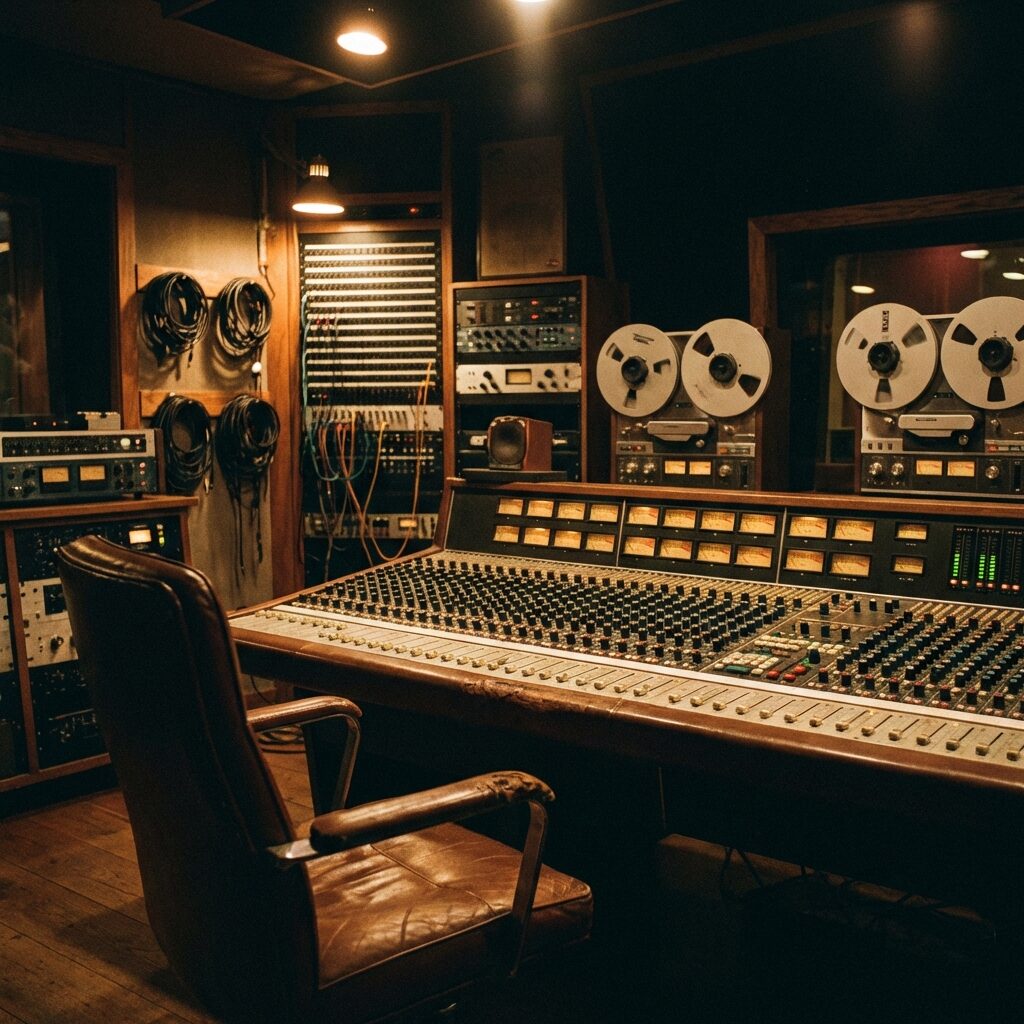 A vintage 1970s analog recording studio control room viewed from behind the engineer