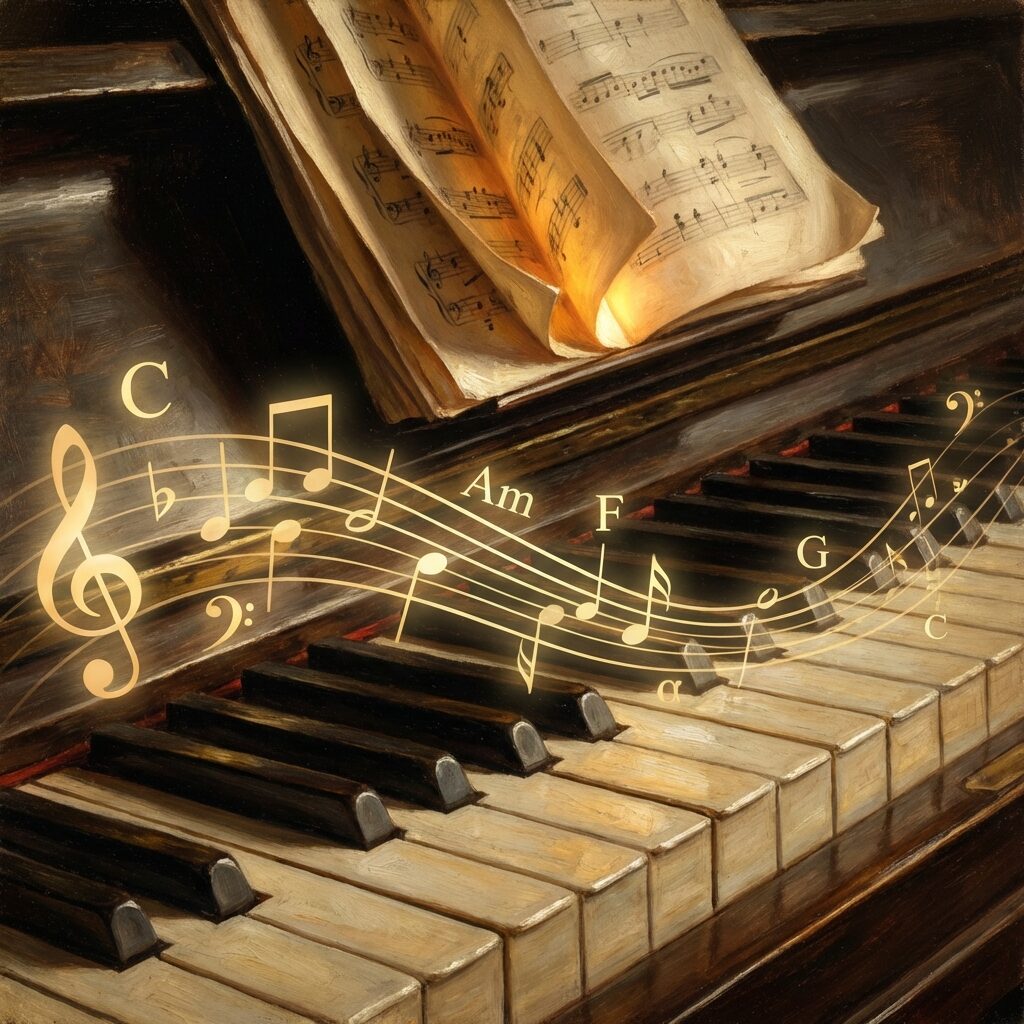 A close-up view of piano keys with translucent musical notation floating above them, chord symbols (C, Am, F, G) glowing softly in warm gold, sheet music pages fanning out in the background, dramatic chiaroscuro lighting, classical painting style with modern elements