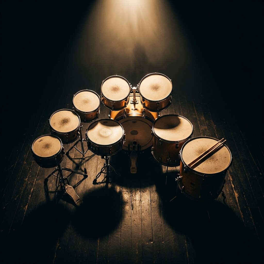 A top-down view of a vintage drum kit with six tom-toms arranged in a descending arc, no cymbals anywhere on the kit. Dramatic spotlight illuminating the drum heads from above, casting deep shadows. Drumsticks resting on the largest tom. The kit sits on a dark stage floor. The image has a moody, high-contrast look with deep blacks and warm amber highlights on the drum hardware. Stylized, almost graphic novel quality.