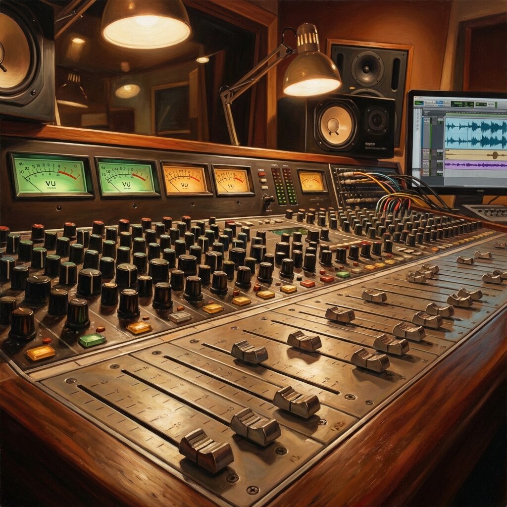 A detailed close-up of a vintage analog mixing console with illuminated VU meters glowing green and amber, faders at various positions, a pair of studio monitor speakers in the background, warm overhead lighting reflecting off the metal knobs and switches, musical waveforms subtly visible on a screen in the background, hyper-realistic painting style with rich warm tones and precise detail
