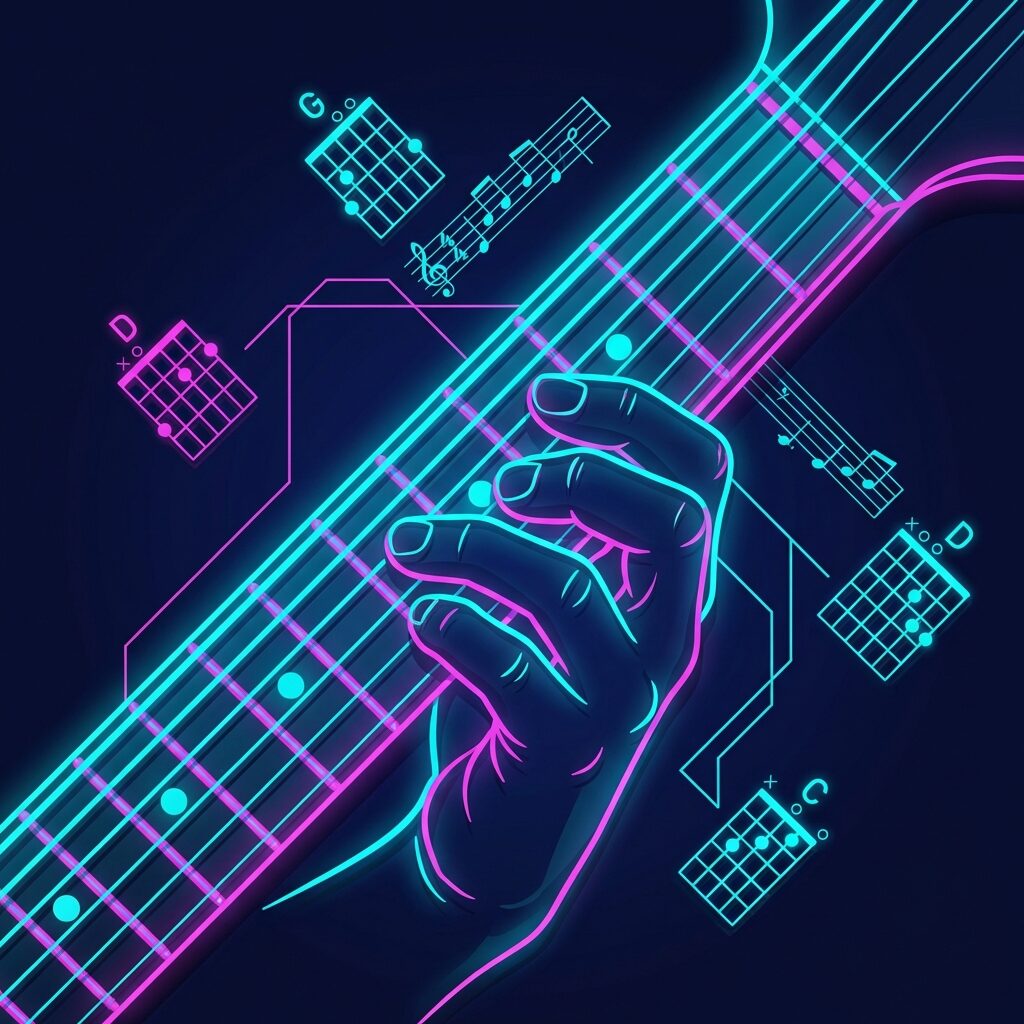 A stylized overhead view of an electric guitar fretboard with fingers forming a G major chord, surrounded by floating musical notation fragments and chord diagrams for G, D, and C, rendered in a neon-on-dark aesthetic with bright cyan and magenta chord symbols glowing against a deep navy background, geometric lines connecting the chord positions, the overall composition suggesting simplicity hiding complexity, clean vector-illustration style with subtle depth and shadow