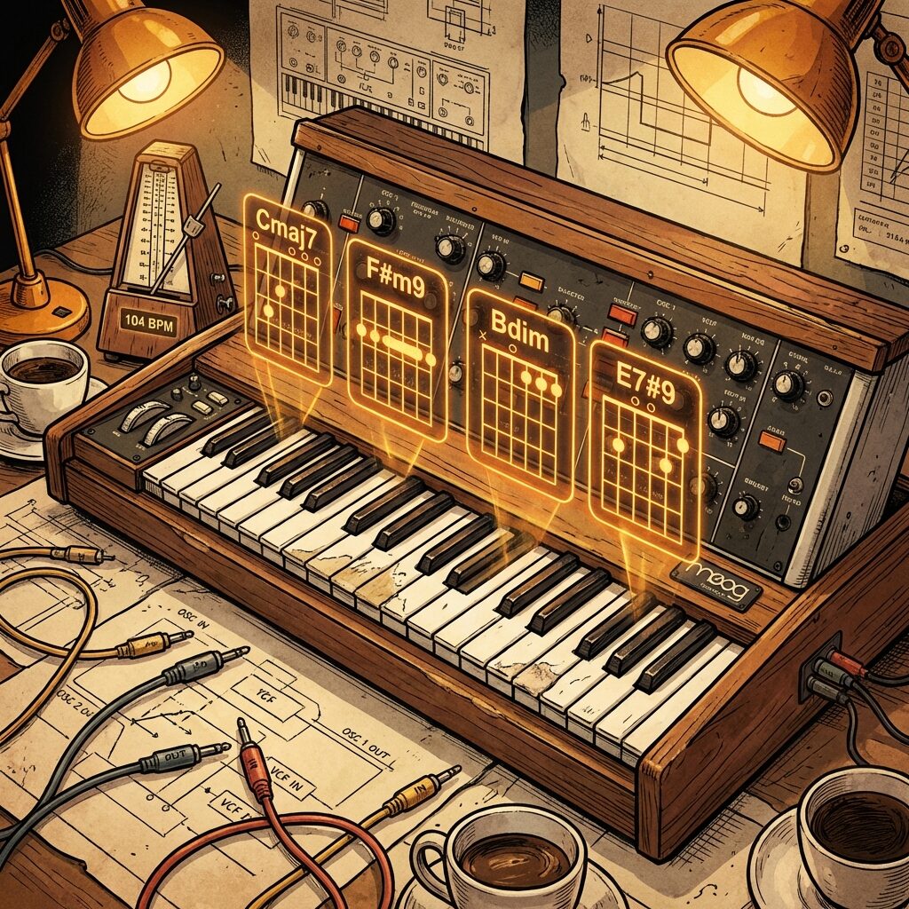 A close-up stylized illustration of a vintage synthesizer keyboard with chord diagrams floating above the keys like holograms, a metronome set to 104 BPM beside it, warm amber studio lighting, espresso cups scattered among patch cables, technical but inviting atmosphere, detailed illustration style