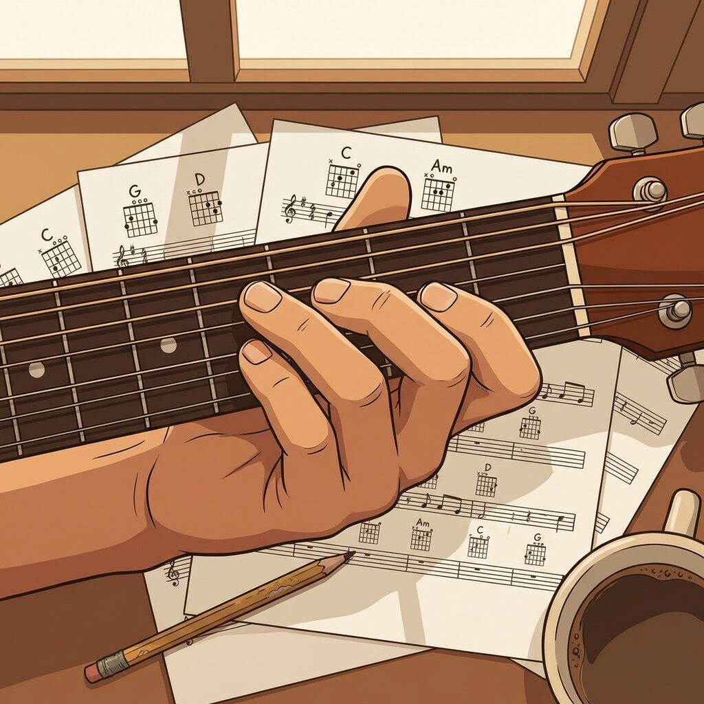 A top-down view of a guitar fretboard with fingers forming a G major chord, sheet music pages scattered underneath showing chord diagrams for G, D, Am, and C, warm natural lighting from a window, a pencil and coffee cup nearby, the feeling of working out a song