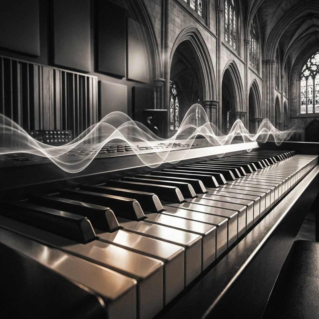 A close-up artistic rendering of a piano keyboard in dramatic side lighting, the keys casting long shadows, the camera angle low and intimate, the black and white keys rendered in high contrast silver tones — above the keys, translucent waveforms hover in the air like ghosts, the whole scene suggesting something between a recording studio and a cathedral, moody and precise