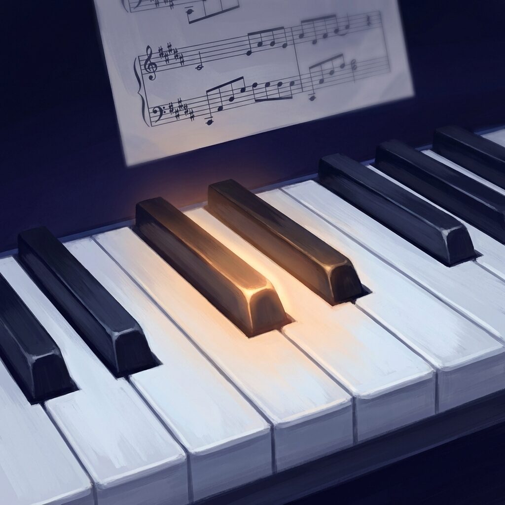 A stylized close-up illustration of piano keys in G-sharp minor, with one key softly glowing amber against the cool white and black of the others. Sheet music notation floats above in the air, slightly blurred. The background is a deep indigo studio darkness. The mood is analytical but warm. No text, no faces, painterly and precise.
