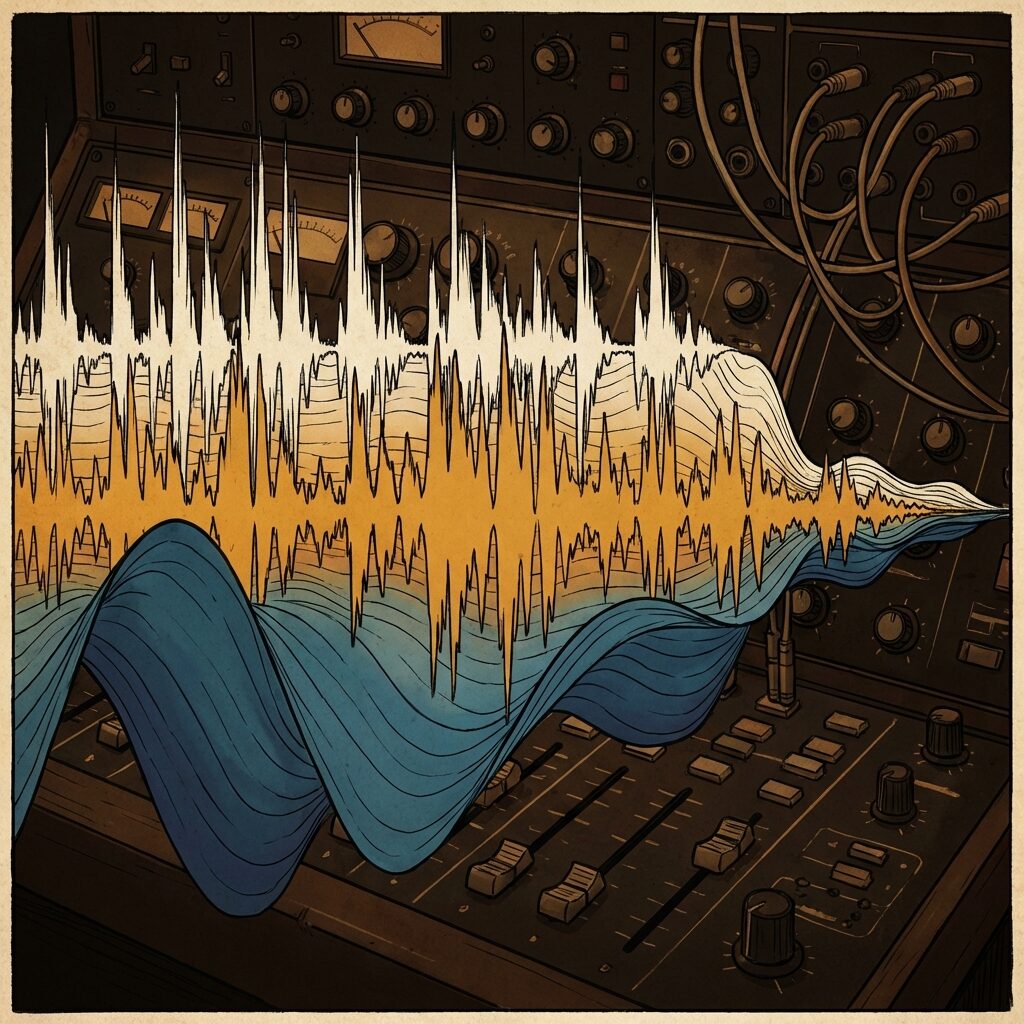 A detailed cross-section illustration style image of layered sound waves in different colors — deep blue bass waves at the bottom, amber mid-range synth stabs in the middle, crisp white drum transients near the top — all converging into a single waveform, set against a dark studio background with vintage synthesizer knobs and faders visible, technical but artistic, warm color palette, square composition, no text