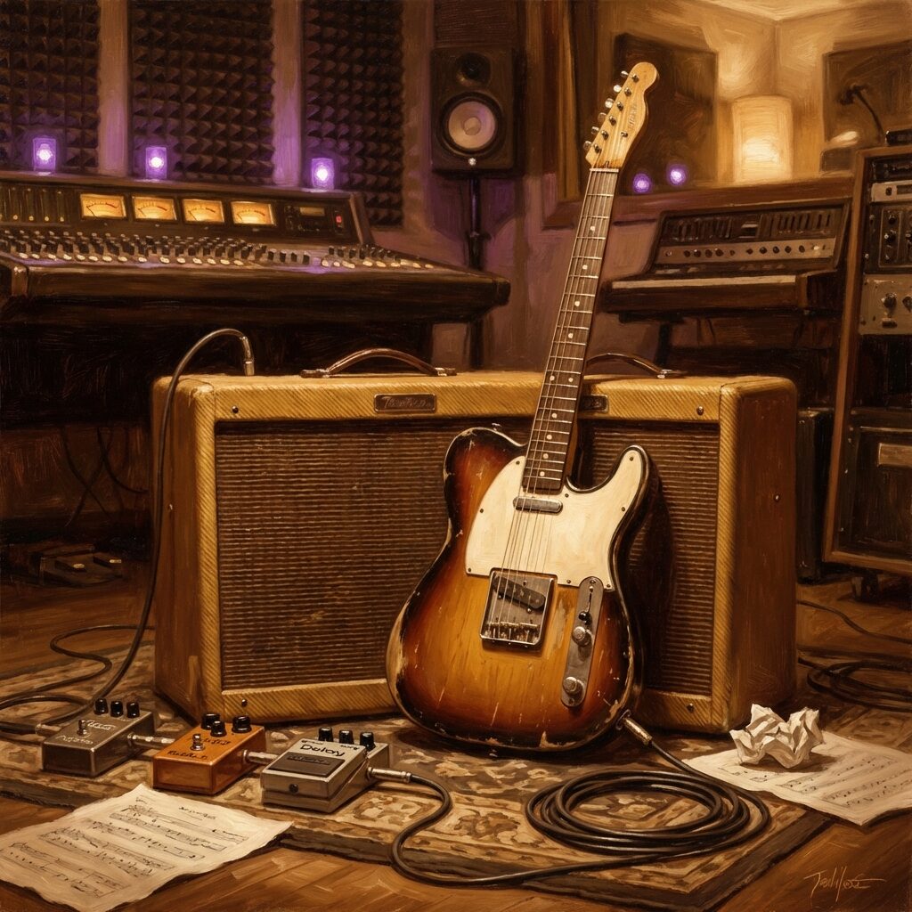 A stylized close-up of a vintage Telecaster-style electric guitar resting on an amplifier in a recording studio, surrounded by effect pedals on the floor, a mixing console visible in the background with glowing meters, warm studio lighting with purple accent lights, sheet music scattered nearby, cables running across the floor, painted in a detailed realistic style with rich warm tones