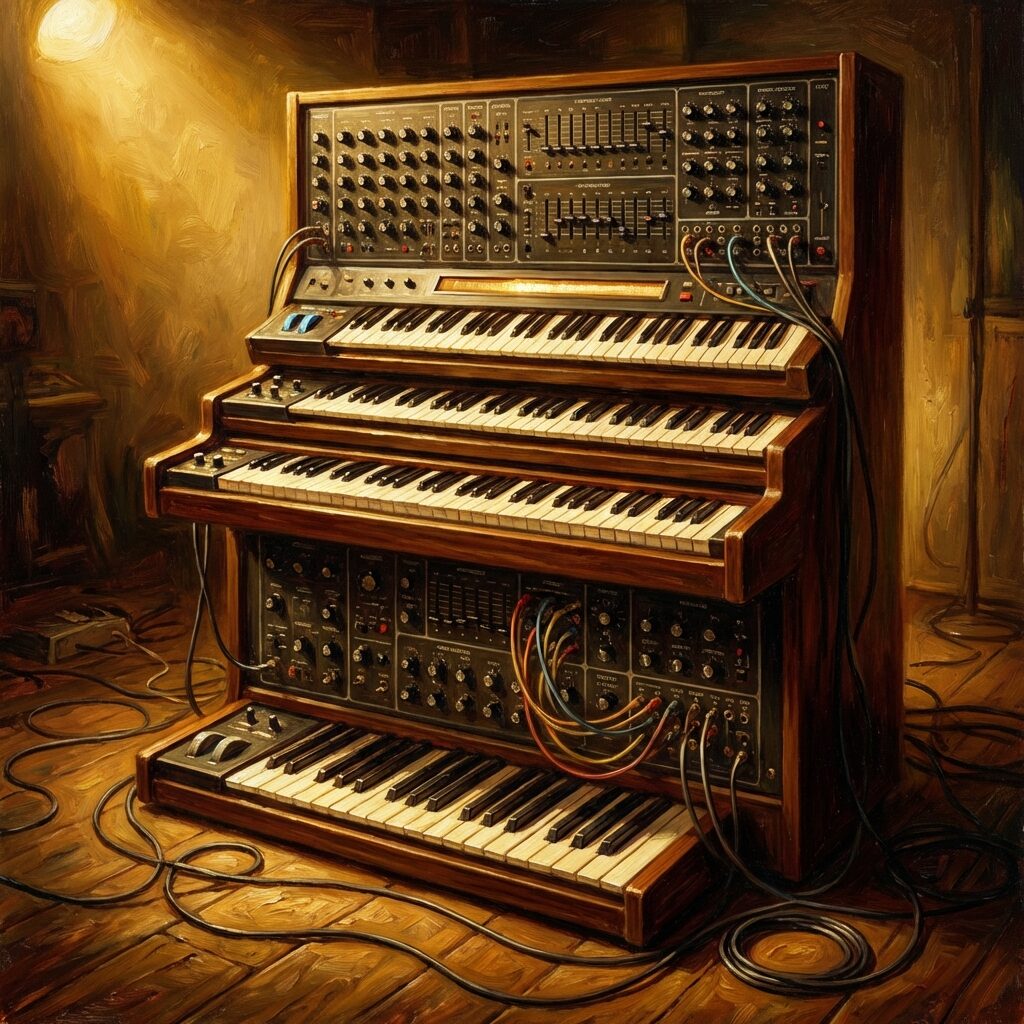 A stylized artistic rendering of a massive vintage polyphonic synthesizer from the 1970s, with three tiered keyboards, dozens of knobs and sliders, and a pedalboard at the base. The instrument is bathed in warm golden spotlight against a dark studio background. Cables snake across the floor. A ribbon controller gleams on the top manual. The mood is reverent and dramatic, like a portrait of a sacred instrument. Rich warm tones with deep shadows. Detailed painterly style.