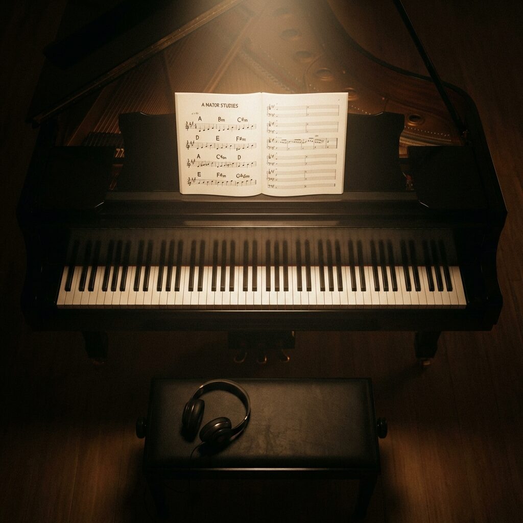 An artistic overhead view of a grand piano keyboard with sheet music open on the music stand, showing chord notation in the key of A major. Soft spotlight illuminates the keys while the rest of the scene fades into shadow. Musical notation and chord symbols are faintly visible on the sheet music. A pair of headphones rests on the piano bench. The mood is analytical yet warm, suggesting careful musical study.