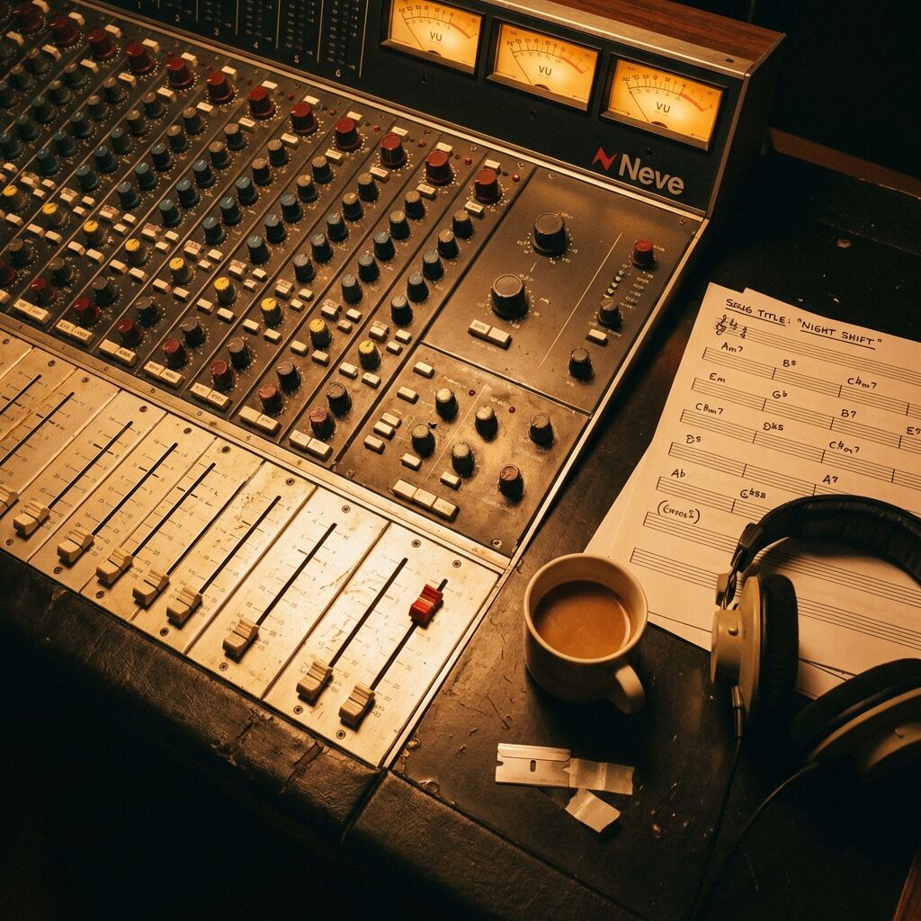 A stylized overhead view of a vintage recording console — a Neve mixing board from the early 1980s with its characteristic warm lighting, faders, and knobs. Sheet music or chord charts rest nearby. A half-drunk coffee cup, a pair of headphones, and a razor blade (for tape editing) complete the scene. The mood is concentrated and professional, lit with warm tungsten tones. No people visible, just the tools of production.
