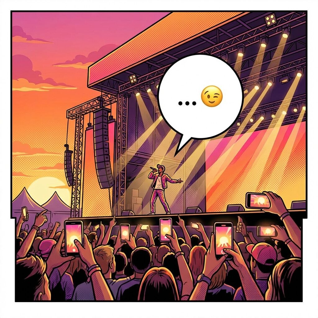 A stylized illustration of a performer on a massive festival stage at golden hour, a speech bubble floating above with suggestive ellipses and a winking face, the crowd holding up phones recording, colorful stage lights creating dramatic rays, pop art style with bold outlines and vibrant sunset palette
