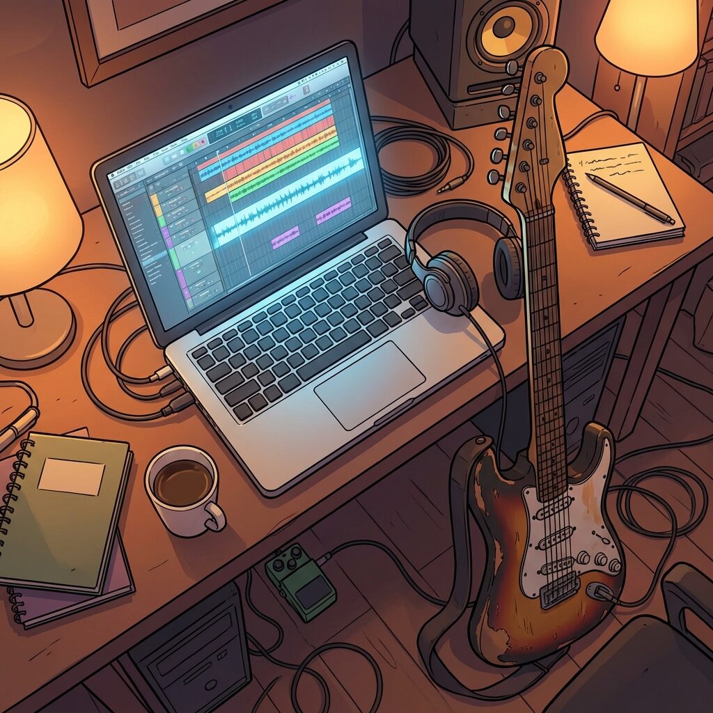 A stylized overhead view of an open laptop computer on a cluttered desk showing a digital audio workstation interface with colorful waveforms and tracks, an electric guitar leaning against the desk, headphones draped over the laptop corner, the screen glowing blue-white in a dimly lit room, coffee cup nearby, casual home studio setup contrasting with professional results, warm mood lighting, digital art style with clean lines