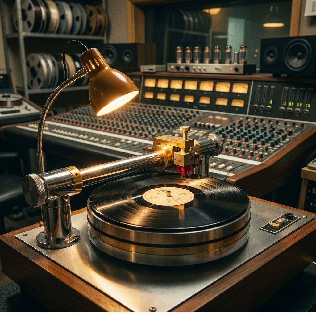 A vinyl record cutting lathe in a mastering studio, late 1970s aesthetic. The needle carves grooves into a black lacquer disc under focused task lighting. In the background, a large analog mixing console with illuminated VU meters. The scene is warm and technical — amber lighting, chrome and wood surfaces, reels of tape on shelves. The composition focuses on the precision of the cutting process. Moody, atmospheric, slightly desaturated color palette with golden highlights.