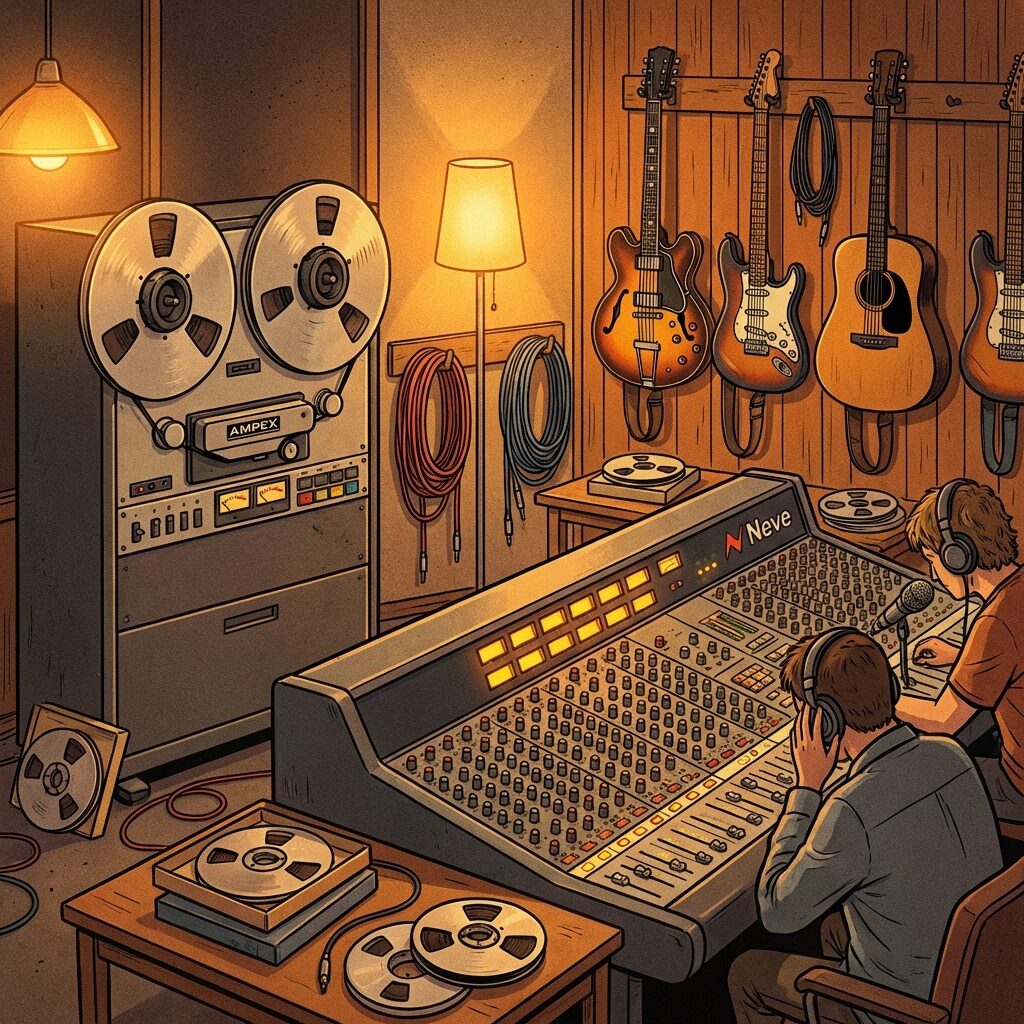 A stylized illustration of a professional analog recording studio circa 1996, featuring a large Ampex tape machine with reels spinning, a vintage Neve mixing console with rows of illuminated faders, multiple guitars hanging on a wall rack including a hollow-body electric and an acoustic, warm tungsten lighting casting golden reflections on chrome equipment, coils of patch cables, scattered tape reels, the atmosphere of focused creative intensity, rich warm tones of amber, mahogany, and steel grey, rendered in a detailed illustration style with subtle grain texture