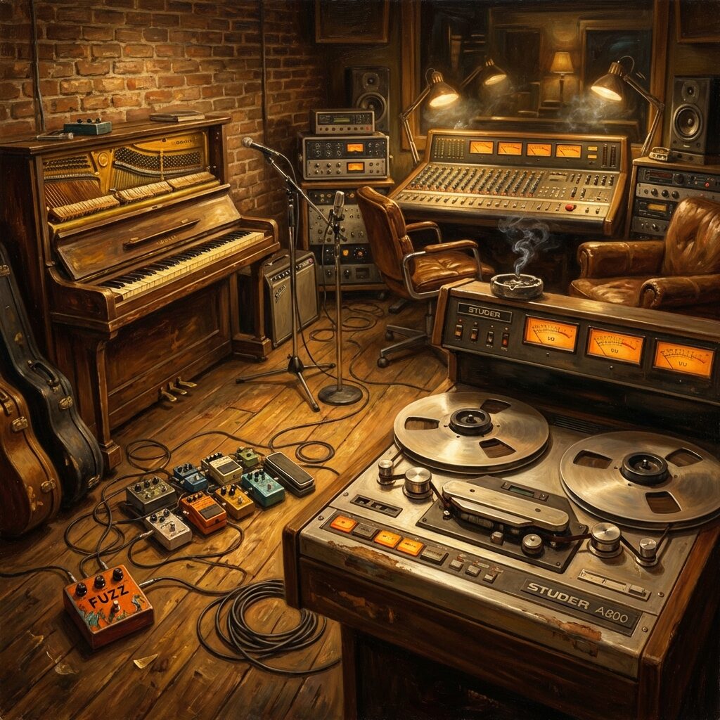 A vintage recording studio interior, a large Studer analog tape machine with reels spinning in the foreground, an old upright piano with slightly yellowed keys against a brick wall, guitar pedals scattered on the floor including a distinctive small effects pedal, warm tungsten lighting, cables running across a wooden floor, a mixing console with glowing VU meters in the background, the atmosphere of late-night recording sessions, painted in a rich realistic style with warm golden and deep brown tones
