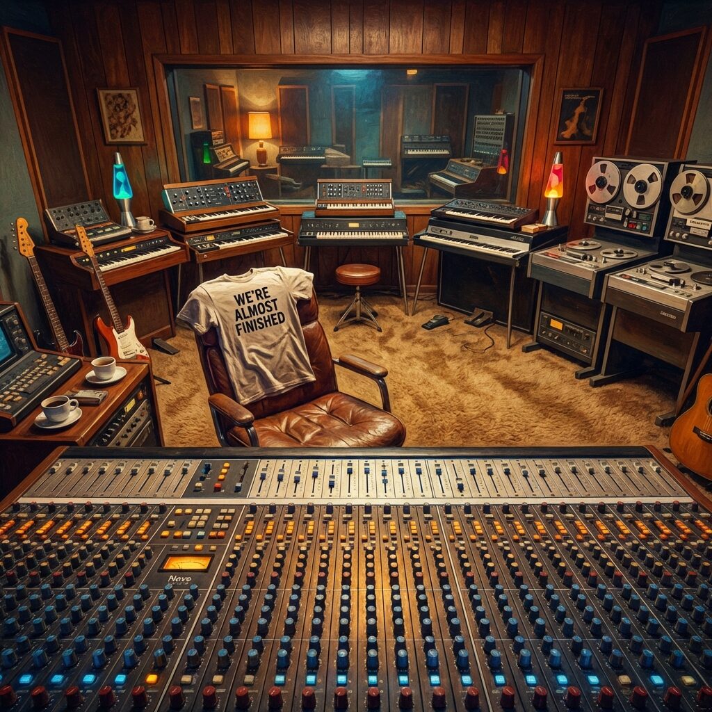 A stylized 1970s recording studio interior viewed from behind a massive analog mixing console with dozens of faders and knobs. Warm overhead lighting illuminates the board. In the background through the studio glass, multiple keyboards and synthesizers are arranged in a semicircle. Reel-to-reel tape machines line one wall. A crumpled t-shirt reading