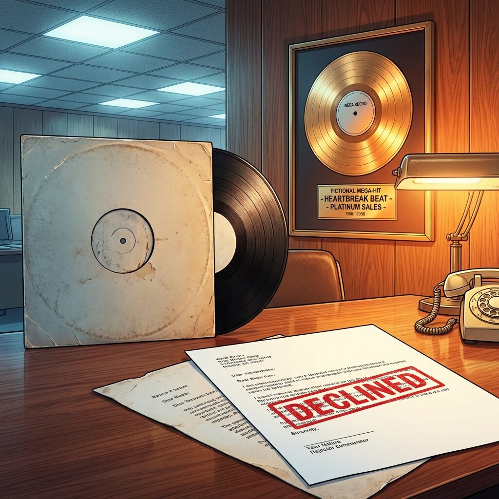 A vinyl record lying on a polished corporate desk next to a rejection letter with a red 