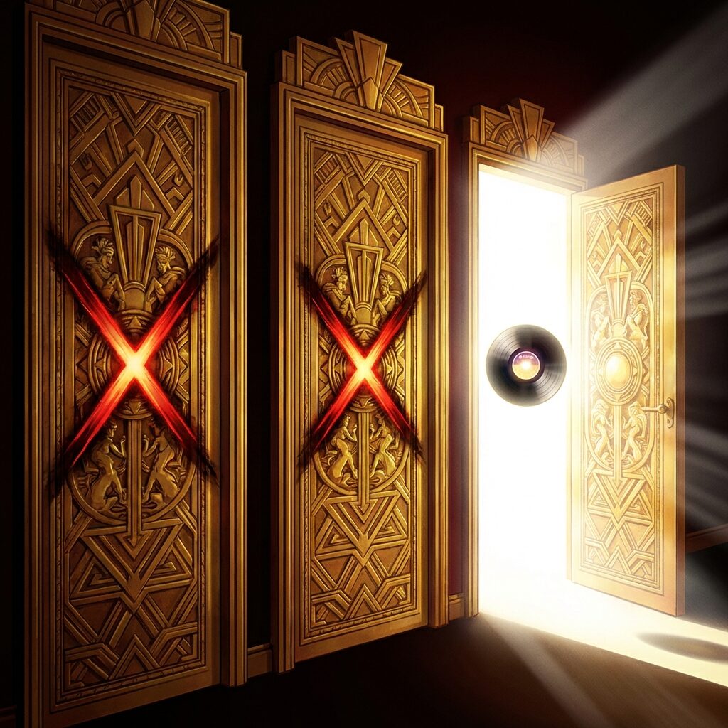 A stylized illustration of three ornate golden doors in a row, the first two closed with red X marks, the third swinging open with brilliant white light streaming through, a vinyl record floating in the light, art deco style, dramatic contrast between shadow and illumination, metaphorical rejection-to-acceptance scene