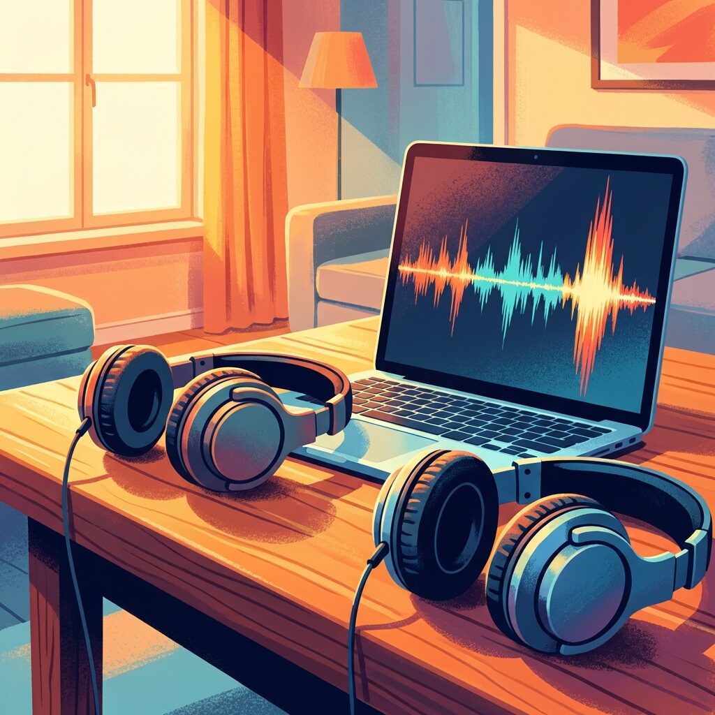 Two pairs of large over-ear headphones resting on a table next to a laptop showing an audio waveform, with a dramatic spike in the waveform