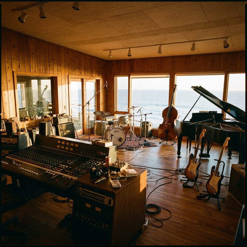 A wide shot of a legendary Malibu recording studio at golden hour, vintage wood-paneled walls, a grand mixing console with dozens of faders, multiple microphone stands and instruments set up as if a session just ended — drums kit, upright bass, piano, electric guitar on a stand — afternoon sunlight streaming through windows overlooking the Pacific Ocean, painted in a warm cinematic style evoking 1970s Laurel Canyon