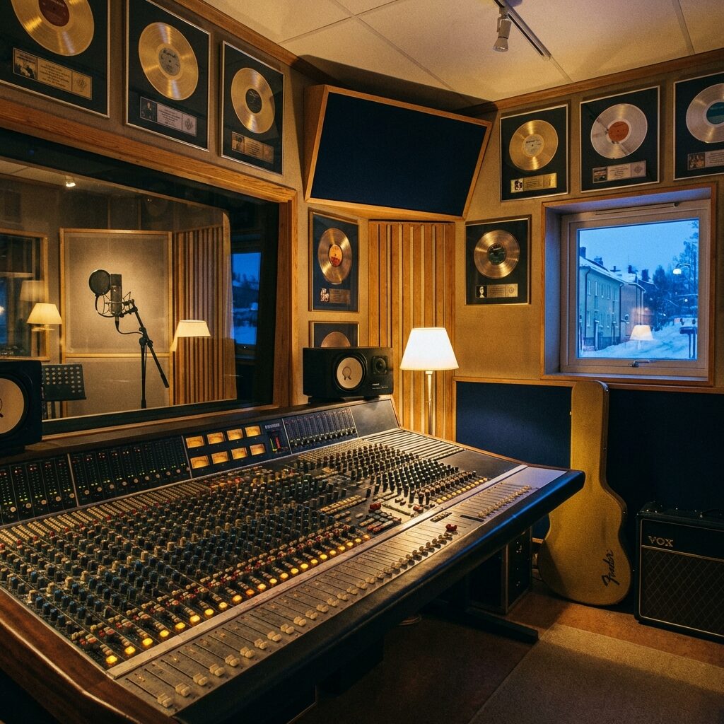 An artistic rendering of a late-1990s Swedish recording studio at night. A mixing console dominates the foreground with dozens of lit faders and knobs. Behind the glass of the vocal booth, a microphone stands ready. The walls are covered in gold and platinum record plaques. A guitar case leans against an amplifier in the corner. Cool Scandinavian winter light filters through a small window. The palette is warm golds and deep blues, suggesting creative intensity.
