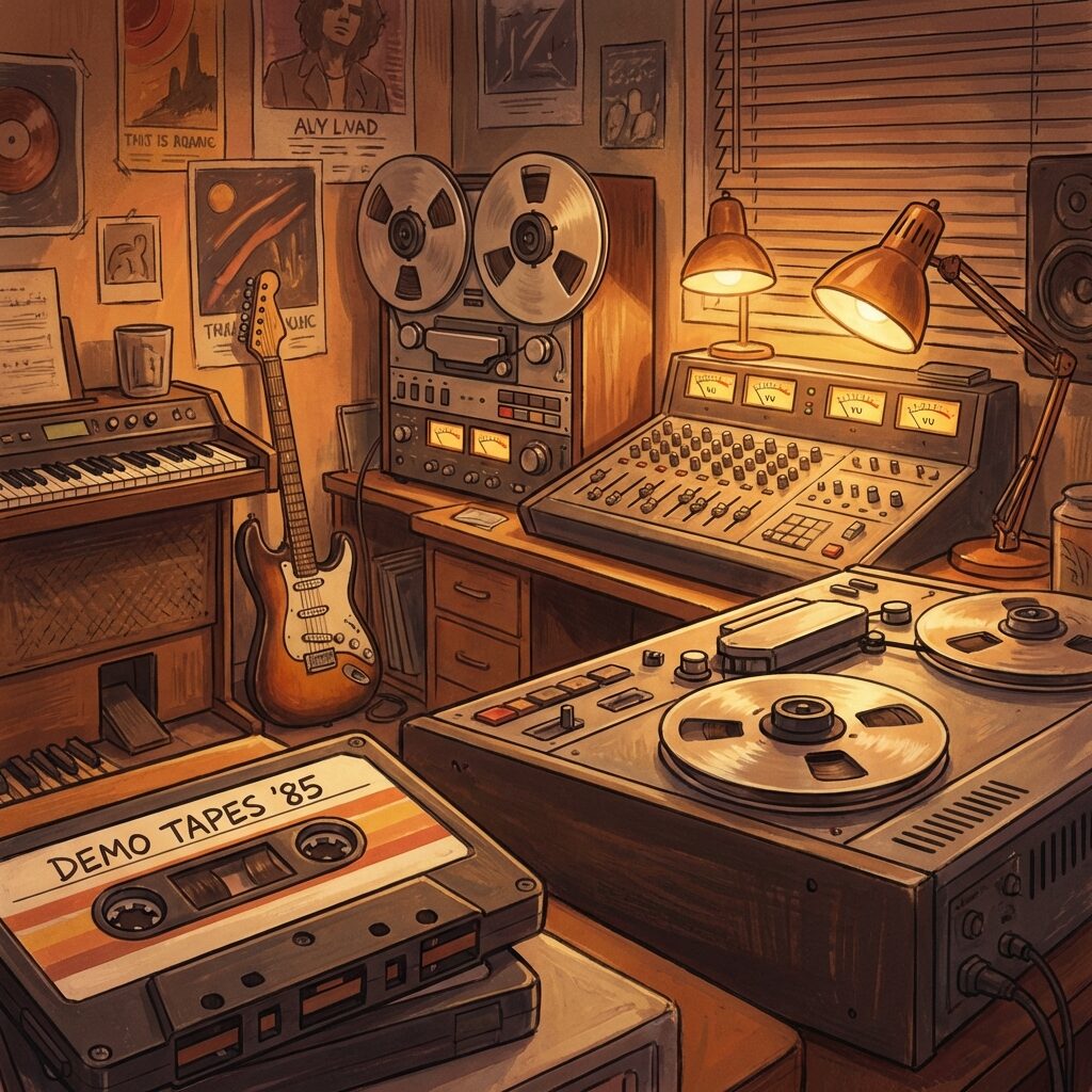 A stylized 1980s recording studio scene with a cassette tape in the foreground, reels spinning on an analog tape machine, warm amber lighting from desk lamps, a keyboard and electric guitar leaning against the wall, vintage mixing console with glowing VU meters, intimate and creative atmosphere, painted in a retro illustration style
