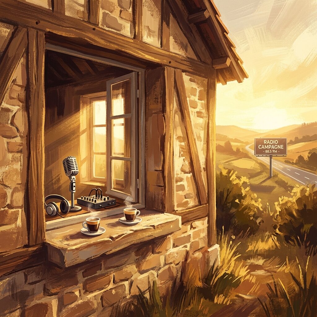 A stylized illustration of a rustic French countryside cottage with a small recording setup visible through an open window, espresso cups on the windowsill, morning light streaming in, a billboard visible in the far distance along a highway, warm golden and brown tones, impressionistic brushwork style