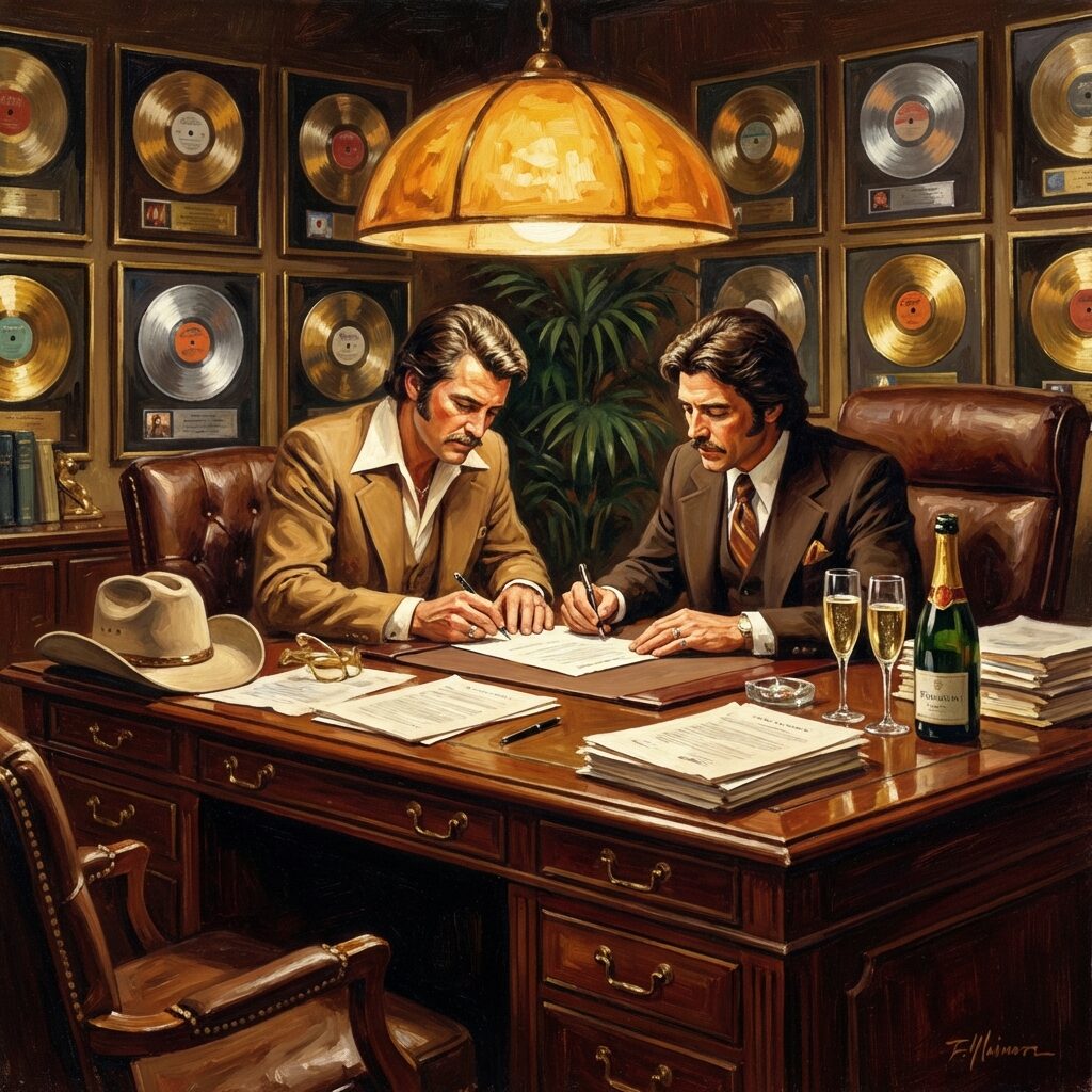 A stylized artistic rendering of a dramatic contract signing scene in a luxurious 1970s office. A large mahogany desk covered with legal documents and champagne glasses. In the background, a wall of gold and platinum records. The scene is lit dramatically with warm amber lighting from a desk lamp. A cowboy hat sits on the corner of the desk beside a champagne bottle. Rich, cinematic composition with deep browns, golds, and warm highlights. Painterly style.