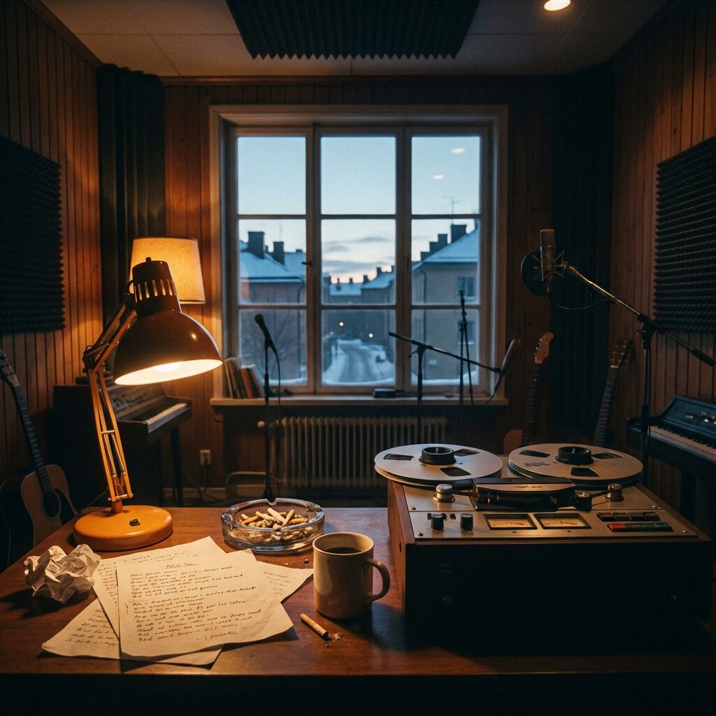 Interior of a 1970s Scandinavian recording studio at night, warm lamplight illuminating scattered lyric sheets on a desk, a coffee cup, an ashtray, and a reel-to-reel tape machine. Through a window, the blue-grey light of a Stockholm dawn is breaking. The scene evokes late-night creative desperation and early-morning breakthroughs. Vintage aesthetic with muted warm tones, square composition, no text, no people.