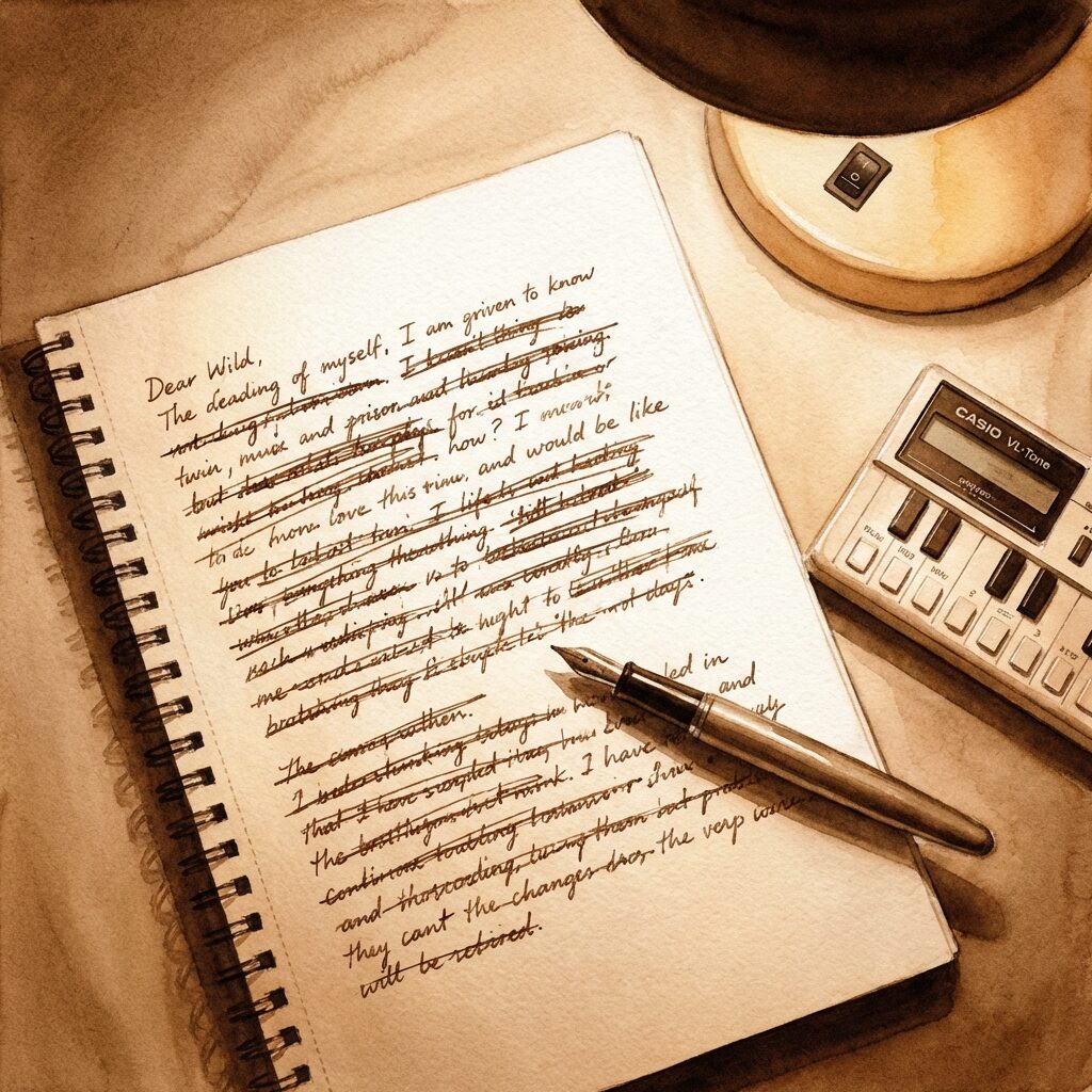 An overhead view of an open spiral notebook filled with handwritten text and crossed-out lines, a pen resting on the page, a small vintage Casio keyboard visible at the edge of the frame, soft warm lighting from a desk lamp, intimate and contemplative mood, watercolor style with sepia and amber tones
