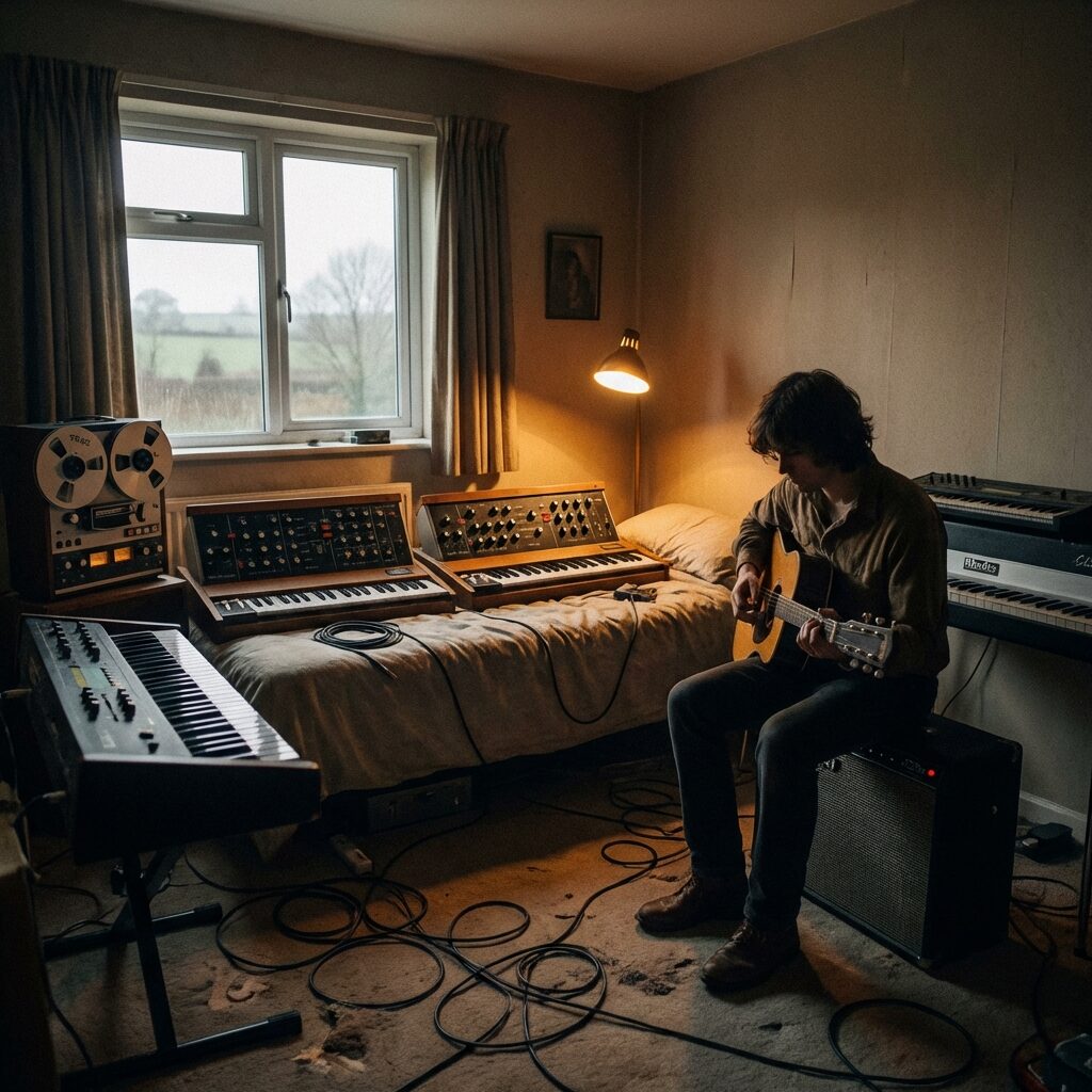 A dimly lit bedroom converted into a makeshift recording studio, 1979 aesthetic. Vintage synthesizer keyboards, a reel-to-reel tape machine, and a Rhodes electric piano crowd the space where a bed once was. Cables snake across the carpet. A single desk lamp provides warm amber light. The window shows a grey English countryside. The room feels both intimate and lonely — creative equipment filling an emotional void. Painterly, melancholic mood with muted earth tones.