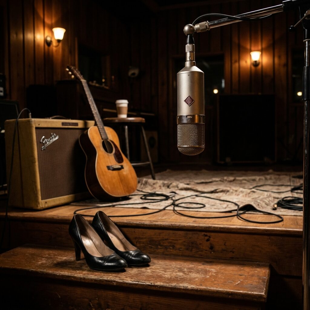 Close-up of a vintage large-diaphragm condenser microphone in a small intimate recording studio, warm tungsten lighting, a pair of black high-heeled shoes resting on a worn wooden step below the mic stand, acoustic guitar leaning against an amp in the background, cables on the floor, the feeling of a late-night session just finished, painted in a realistic style with moody chiaroscuro lighting