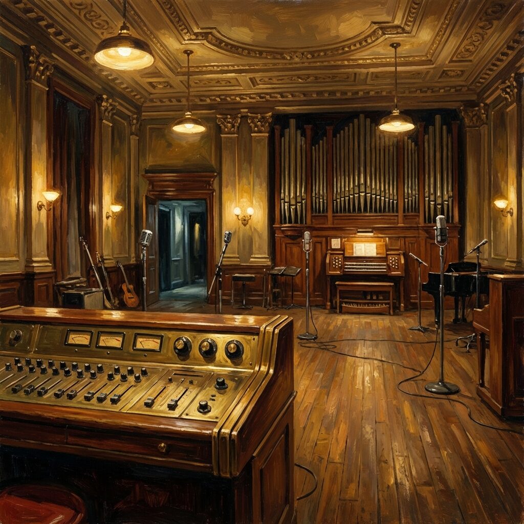 An art-deco interior of a grand 1940s recording studio, viewed from behind a mixing console. Ornate ceiling moldings, a massive pipe organ against the far wall, wooden floors, vintage microphones on tall stands arranged in a cavernous room. Warm tungsten lighting casts golden pools on the floor. Through a doorway, a narrow corridor recedes into shadow. The mood is elegant decay — a palatial space being used for something raw and urgent. Painterly style with rich warm tones, deep shadows, and theatrical lighting.