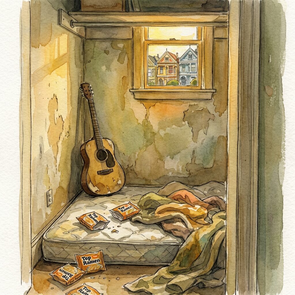 A stylized illustration of a cramped closet converted into a tiny living space in a San Francisco apartment, a thin mattress on the floor surrounded by scattered Top Ramen packages and a battered acoustic guitar leaning against the wall, warm light filtering through a small window showing a glimpse of Haight Street Victorian buildings, muted earth tones with pops of warm gold, intimate and slightly melancholy atmosphere, painted in a loose watercolor style with visible brushwork