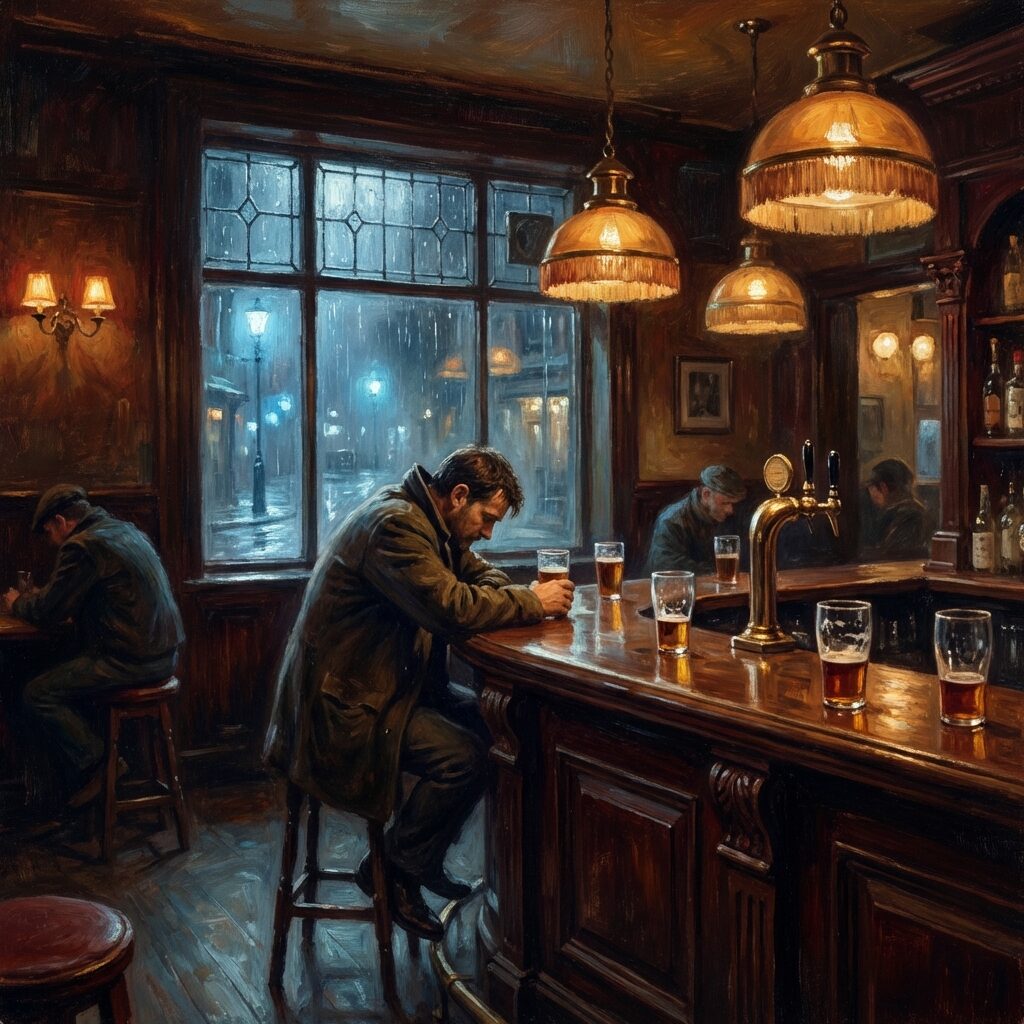 Interior of a dimly lit British-style pub at night, warm amber light from hanging pendant lamps illuminating a wooden bar with pint glasses. The atmosphere is intimate and slightly melancholy — a window with rain on the glass, a few occupied bar stools, the visual of being the only person in a room who knows something terrible just happened. Realistic oil-painting style, rich warm tones contrasted with cold blue light from outside.