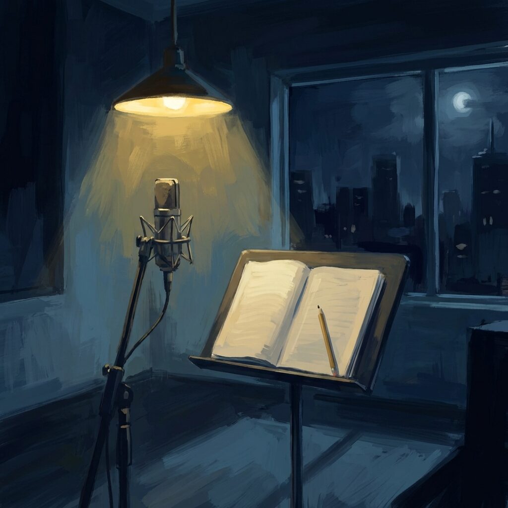 A stylized illustration of a sparse recording studio at night — one microphone lit by a single overhead lamp, a notebook open on a music stand beside it, pencil resting across the page. A large window shows a dark city outside. The mood is quiet and introspective, the act of writing visible but solitary. Muted blues and warm yellow lamplight. No faces, no text, painterly style.